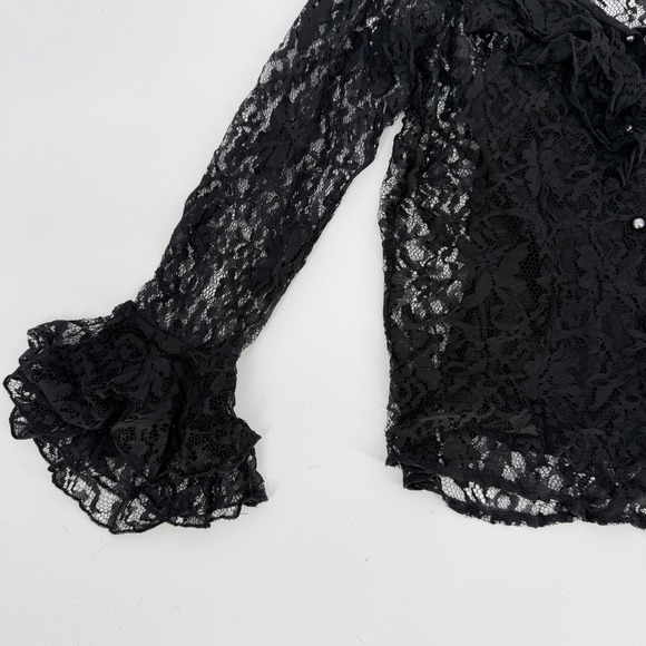 Y2K Black Lace Ruffle Goth Romantic Sheer Blouse Small Layered Fairy Grunge Top - Picture 3 of 13